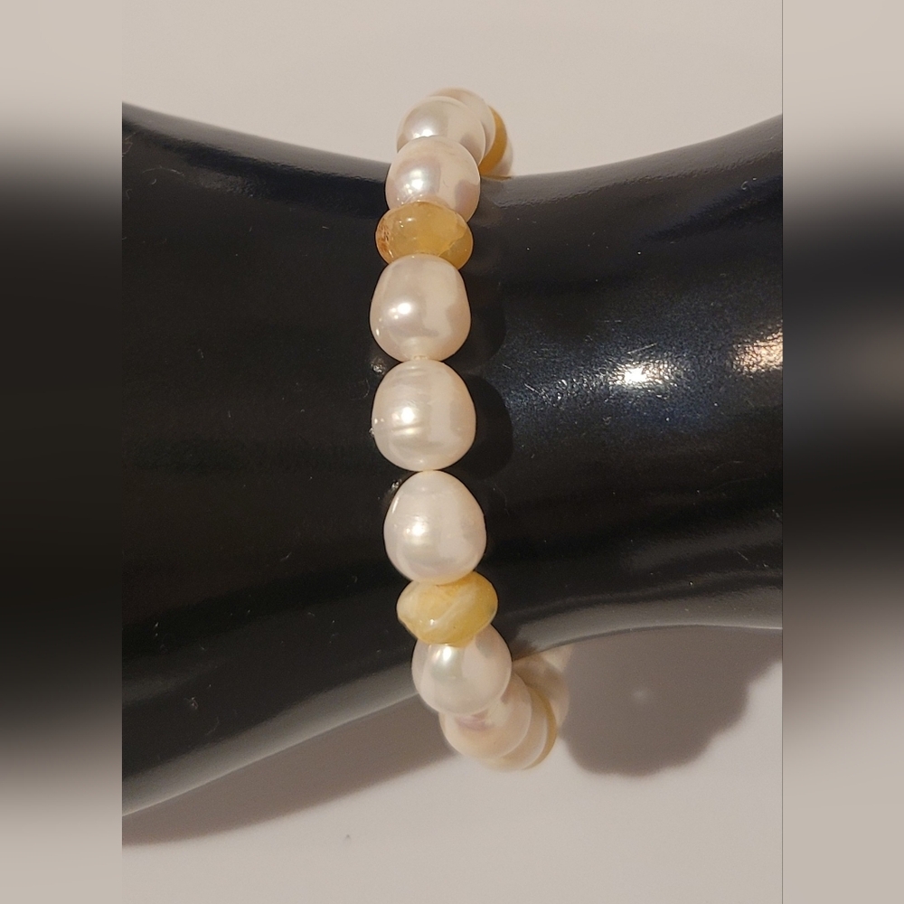 Stretch Freshwater Pearl Bracelet White Pearl & Blue & Yellow Glass Bead S/M New